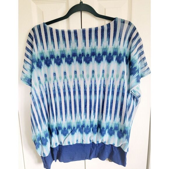 Chico's 2 Blues Vivid Stripe Watercolor Lined Blouse Top SS Boat‎ Neck Large - Picture 2 of 8